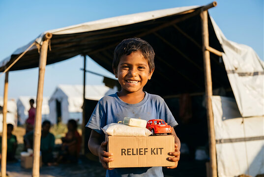 Smiling Refugee Child Holding Humanitarian Relief Kit Box in Shelter Camp