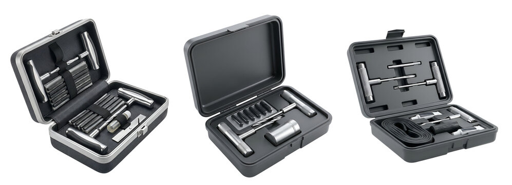 A set of open toolboxes with various tools on a transparent background
