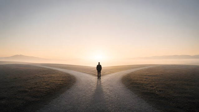 Person at Crossroads Choosing Between Two Paths as Decision Concept