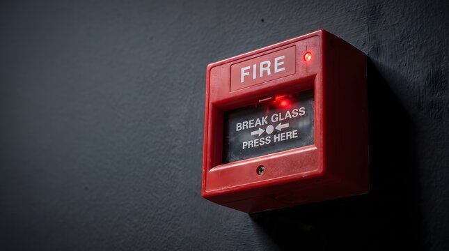 Red manual fire alarm call point mounted on dark textured wall.
