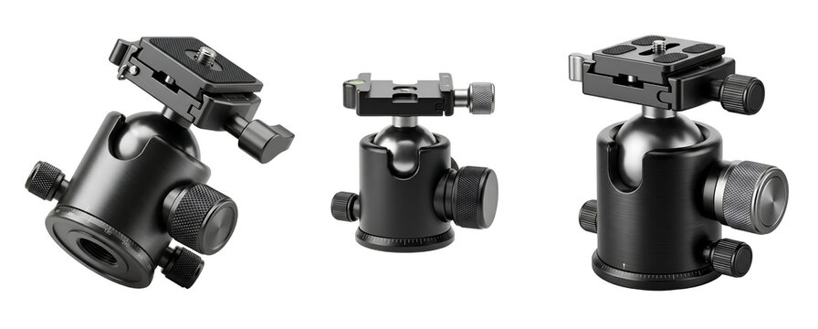 Three black camera tripod heads on transparent background for photography equipment