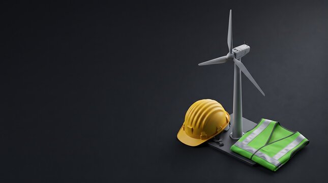 Wind Turbine with Yellow Safety Helmet on Dark Background - Renewable Energy Concept
