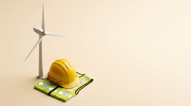 Wind Turbine with Yellow Safety Helmet on Beige Background - Renewable Energy Concept
