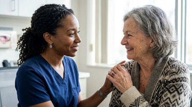 Caring nurse and elderly patient in medical consultation, positive interaction and support.