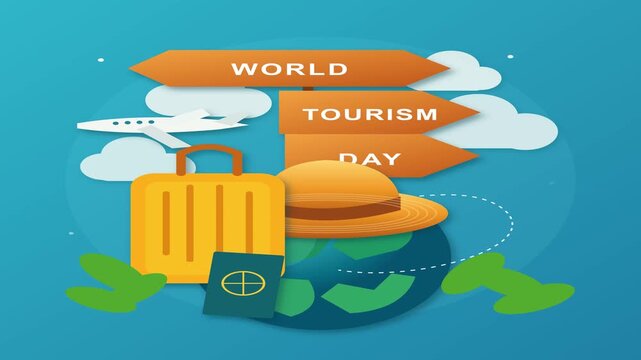 World tourism day celebration featuring travel accessories and airplane motion in this vibrant digital animation clip