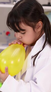 Young Girl in Lab Coat Blowing Up Yellow Balloon for Science Experiment