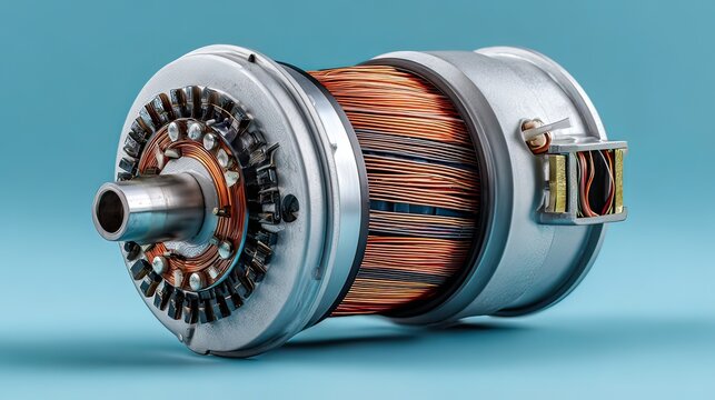 Detailed Close-Up of Electric Motor Component with Copper Wires and Metallic Texture on Blue Background