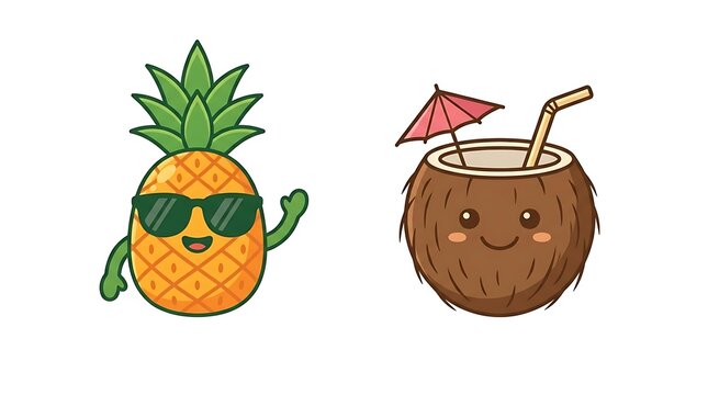 Cartoon pineapple with sunglasses and smiling coconut cocktail.