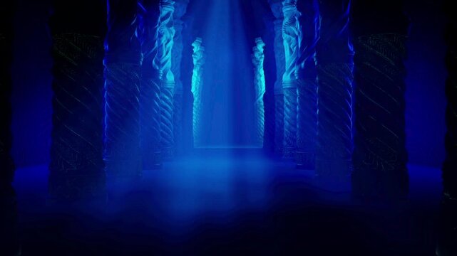 Dark Electric Blue Motion Background of Carved Gothic Columns with Center Light