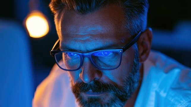 Man wearing glasses focused on screen light