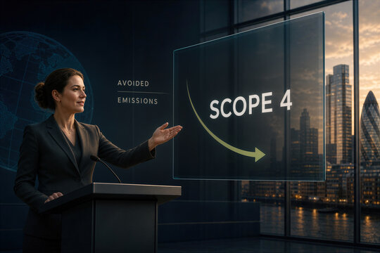 Scope 4 avoided emissions presentation by confident professional woman at London finance conference podium with floating glass panel global finance climate disclosure ESG reporting sustainability