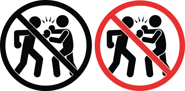 Two prohibition signs showing stick figures fighting with impact lines during a clear concept