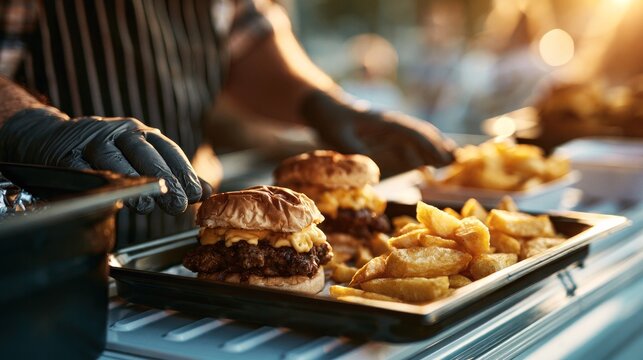 Serving burgers and fries