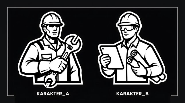 Construction worker characters with wrench and tablet