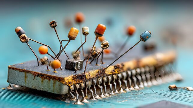 Close-Up View of Vintage Circuit Board with Rusty Components and Resistors Highlighting Technology and Obsolescence