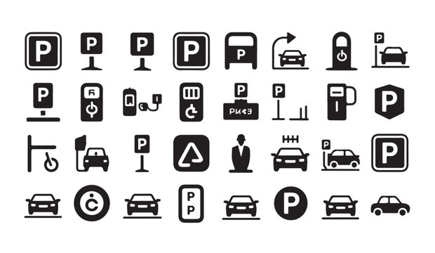 Comprehensive parking area icons including electric vehicle charging points and valet service designations.
