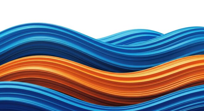 Abstract digital art features smooth flowing waves in vibrant blue and orange tones, mimicking the natural curves of rolling desert hills, dunes, soft, landscape