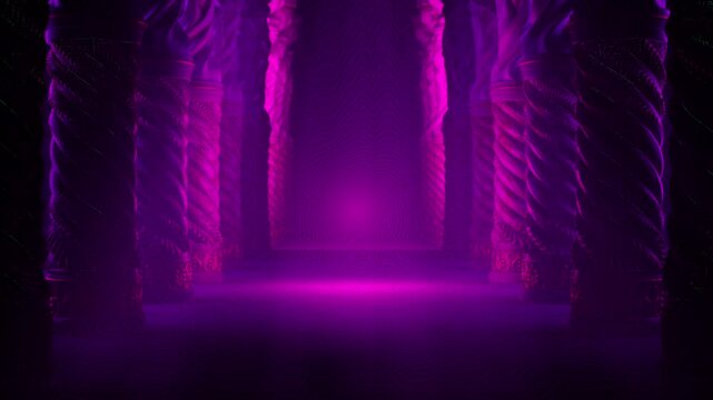 3D Render of Empty Stage Framed by Gothic Pillars Under Purple Spotlight