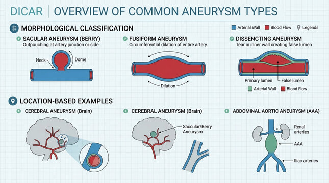 Medical Infographic Showing Types of Aneurysms Including Saccular Fusiform and Dissecting Morphologies and Locations