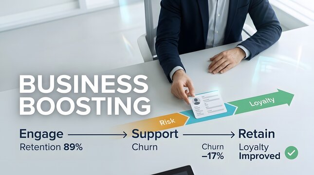 Business professional presenting a strategic growth plan for customer engagement support and client retention