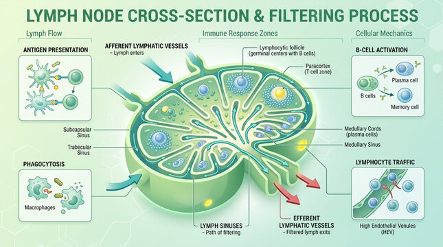 Medical Illustration of Lymph Node Cross-Section Showing Immune System Filtering Process and Cellular Mechanics