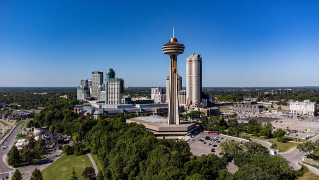 Aerial view of Skylon Tower and Niagara Falls skyline in Ontario. Niagara Falls, Canada - July 30, 2026.