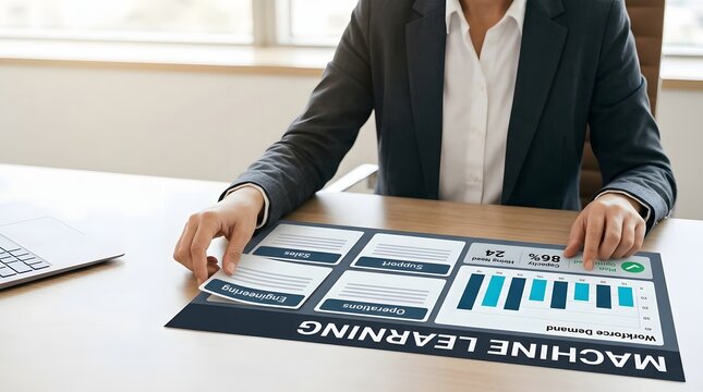 Professional business person reviewing a machine learning infographic chart at a modern office desk