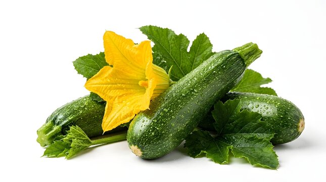 Fresh green zucchini squash with vibrant yellow blossoms and leaves on a clean white background