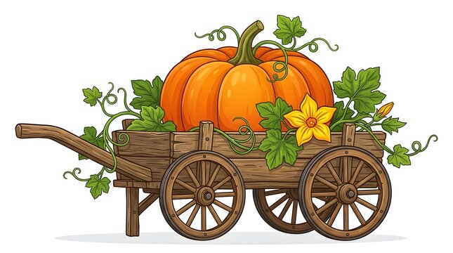Whimsical vector illustration of a large ripe pumpkin in a rustic wooden cart for fall harvest