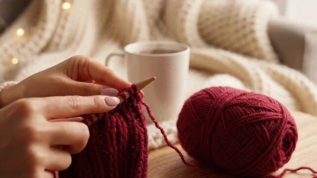 Hands knitting red wool yarn with wooden needles at home
