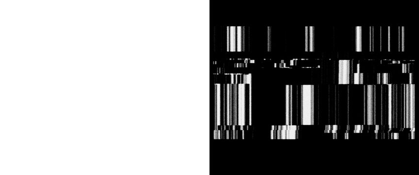 Abstract digital glitch texture, black and white barcode pattern, futuristic electronic signal distortion background