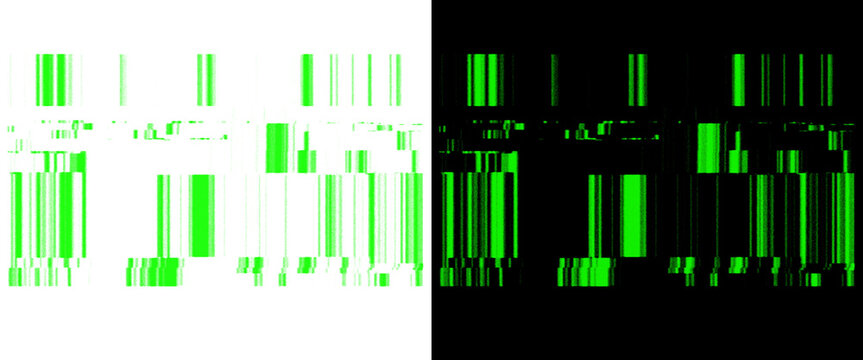 Abstract green barcode pattern on white and black backgrounds, digital data glitch textures, cyber security concept design