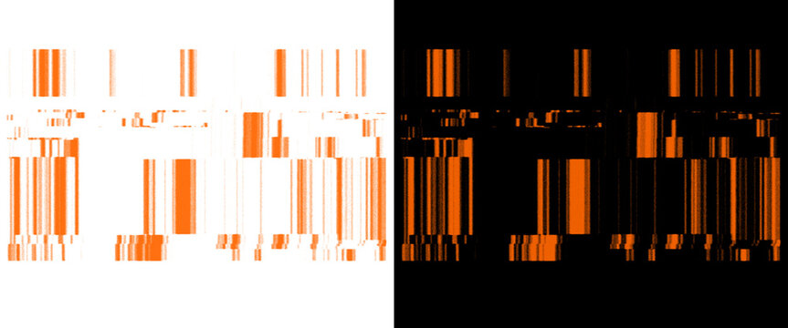 Abstract barcode glitch pattern, orange digital data scanning code on black and white backgrounds, futuristic tech texture