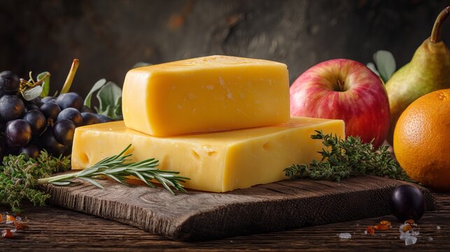 A beautifully arranged still life of cheese and fresh fruit on a wooden cutting board