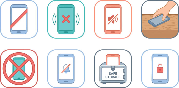 No Mobile Phone Usage and Digital Detox Flat Icon Set with Prohibited Smartphone Icons Silent Mode Lock Screen and Safe Storage Locker Badges