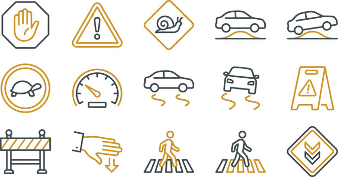 Road Traffic Safety and Speed Restriction Line Icon Set Featuring Slow Snail Turtle Alert Slippery Road Speedometer Speed Bump Pedestrian Crosswalk Symbols