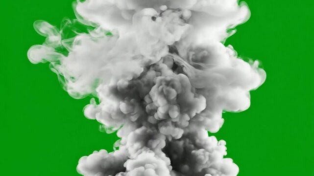 Dramatic White Smoke Plume Expanding Against Green Screen Background