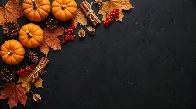Autumnal flat lay with mini pumpkins, cinnamon sticks, and berries on a black textured surface