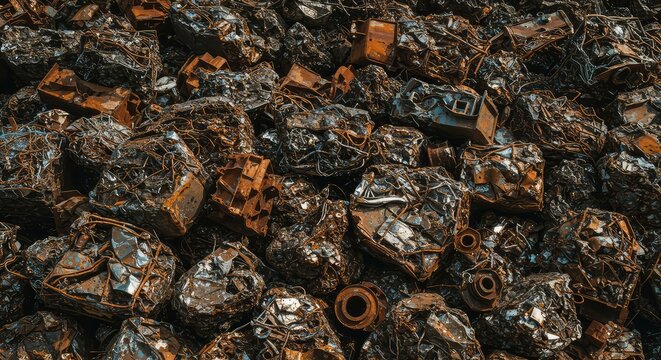 A massive industrial pile of severely rusted and oxidized scrap metal debris forming a chaotic background texture for recycling concepts ,iron ,vintage ,refuse