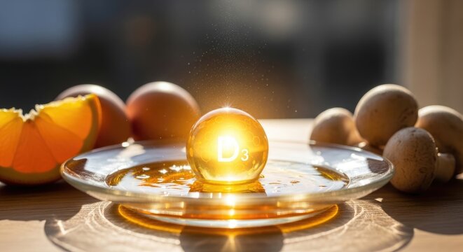 Golden vitamin D3 supplement, illuminated by sunlight, featuring natural dietary sources, fresh citrus, farm eggs, earthy fungi, vital nutrient concept
