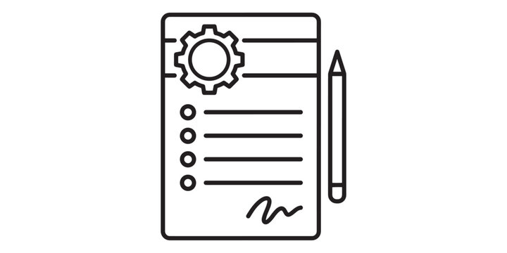 Vector icon of a checklist with a gear symbol and a pencil, representing project management, task planning, and technical documentation