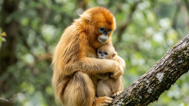 Golden snub-nosed monkey mother embracing her infant baby in the wild forest canopy.