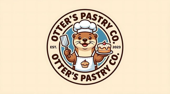 Cute otter pastry chef logo for bakery brand.