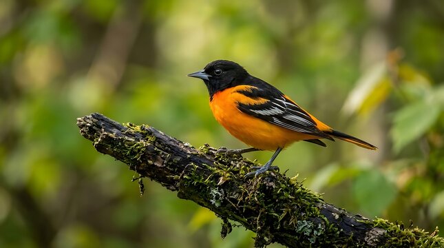Baltimore oriole bird perched on a mossy tree branch in a natural forest setting.