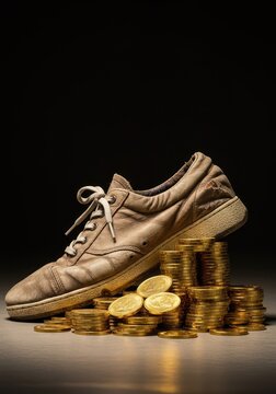 A worn out, dilapidated shoe sits triumphantly beside a massive, overflowing stack of shiny gold coins, symbolizing unexpected financial victory ,effort ,triumph ,comeback