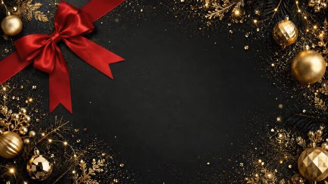 Black Christmas background framed with gold ornaments, pine branches, glitter and a large red satin bow, leaving an empty dark center with copy space for festive holiday text or design