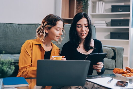 Two young female students using a laptop while sitting on a sofa at home. Student life concept with studying, teamwork, and online learning.