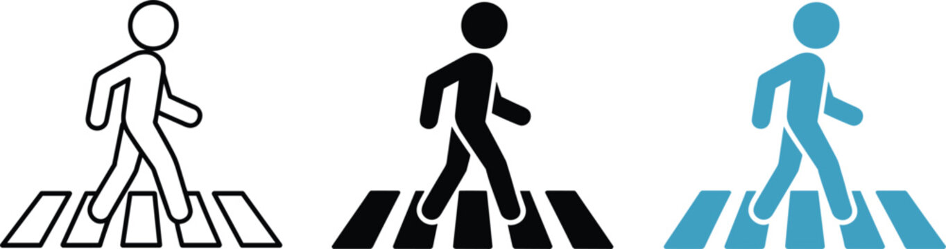 Pedestrian crossing a crosswalk with three icon styles in a clean design
