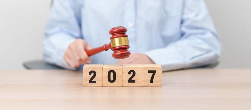 Happy New Year 2027 with judge gavel on table. Law, lawyer, judgment, justice auction and bidding concept
