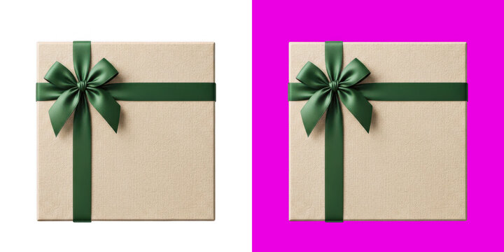 Square textured gift box with dark green satin ribbon bow top view transparent png